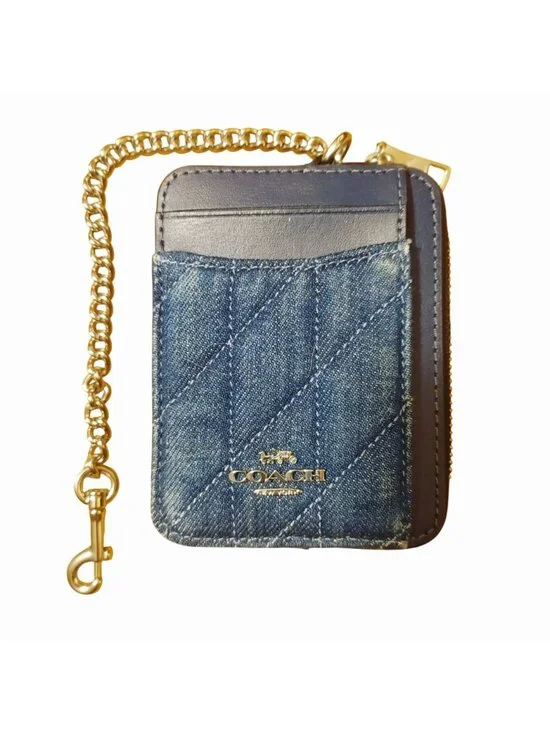 Coach Denim Blue Quilted Smooth Leather Zip Closure Wallet Chain Card Slots Silv - Picture 4 of 13